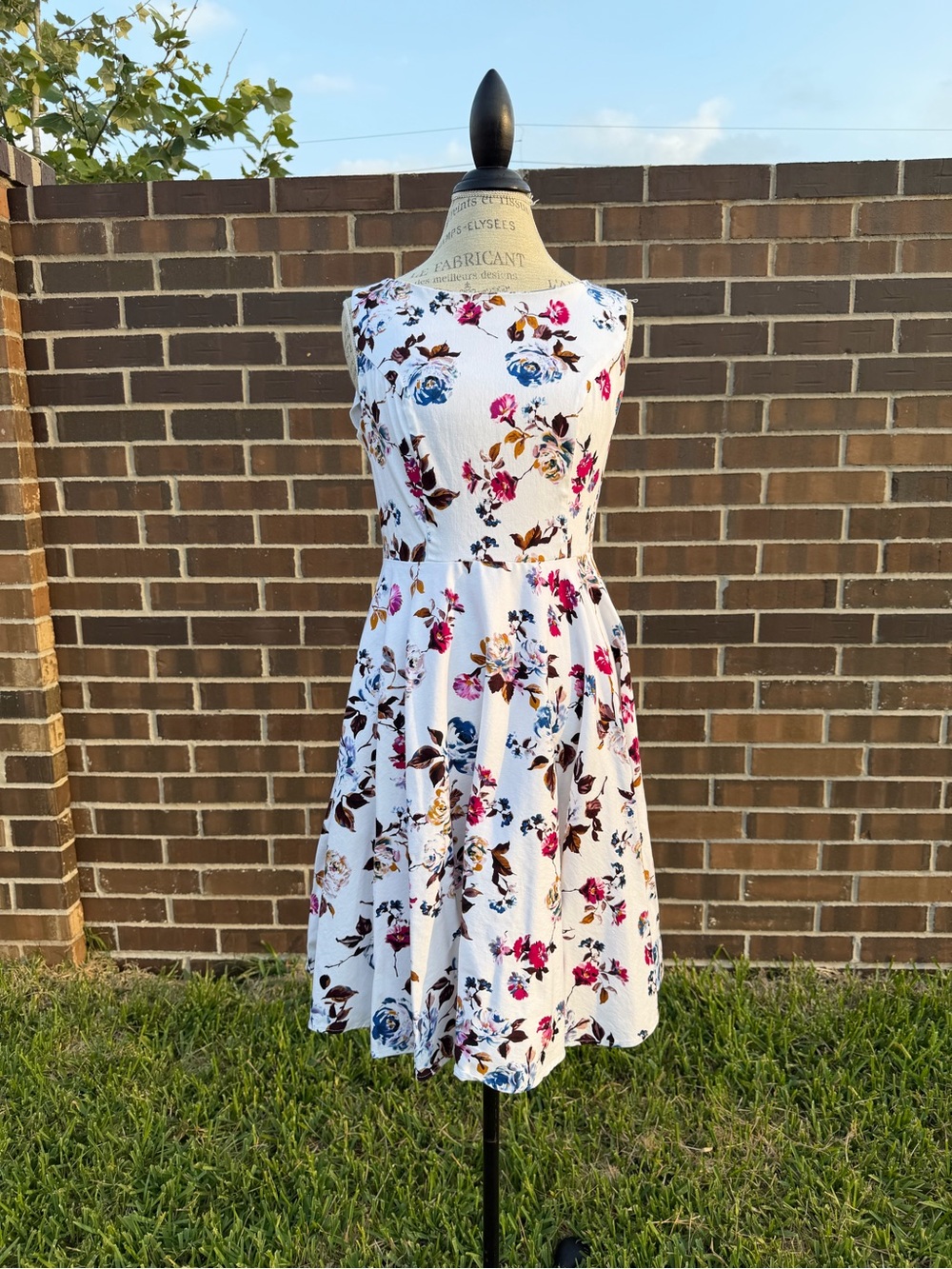 Grace Karin White Midi Dress with Pink, Blue & Brown Floral Print